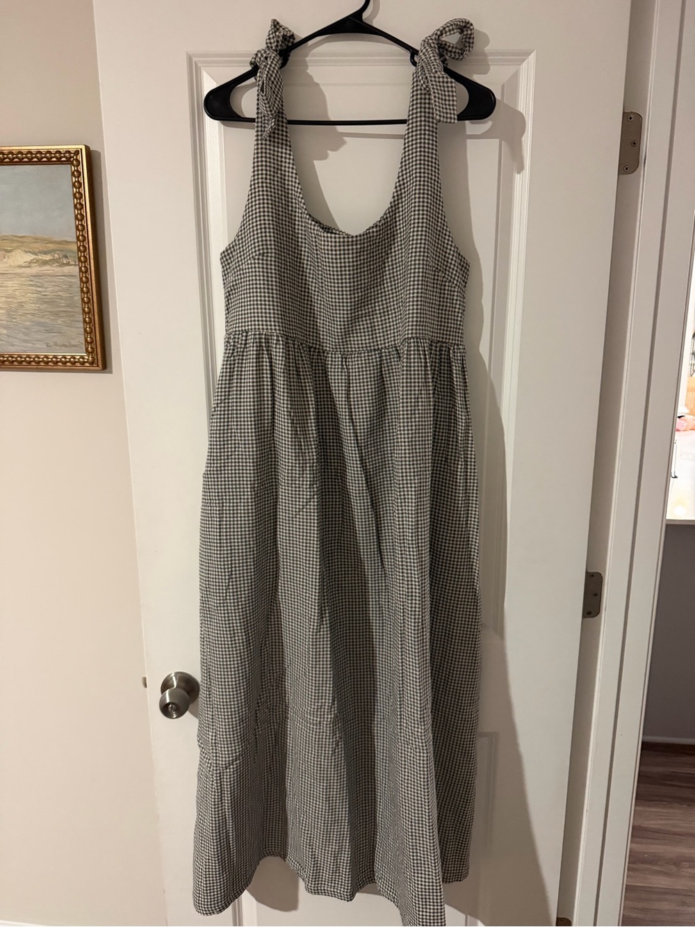 Gingham Tie-Shoulder Maxi Dress in Black and White